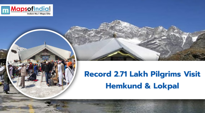 Record 2.71 Lakh Pilgrims Visit Hemkund & Lokpal Image with view of hills and hemkund with title of record breaking at hemkund and lokpal