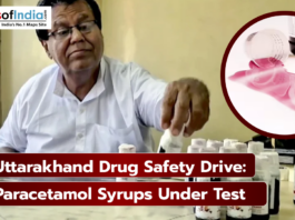 Drug inspector testing paracetamol syrup bottles in Uttarakhand laboratory as part of state drug safety drive, with spilled syrup image highlighting quality check concerns.