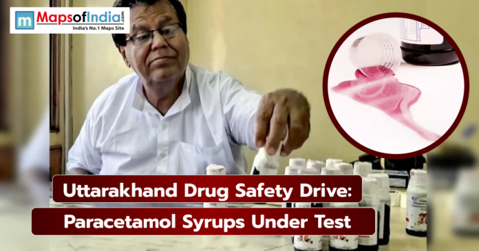 Drug inspector testing paracetamol syrup bottles in Uttarakhand laboratory as part of state drug safety drive, with spilled syrup image highlighting quality check concerns.
