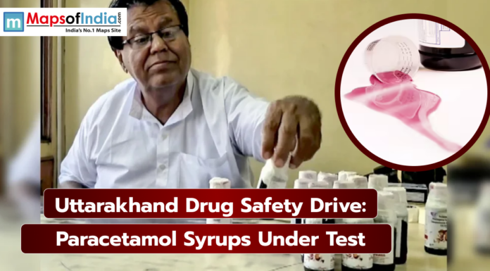 Uttarakhand Drug Safety Drive: Paracetamol Syrups Under Test Drug inspector testing paracetamol syrup bottles in Uttarakhand laboratory as part of state drug safety drive, with spilled syrup image highlighting quality check concerns.