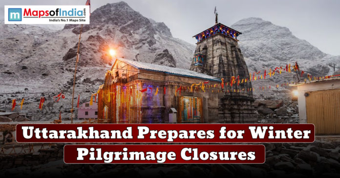 A temple with snow-covered mountains in the background, decorated with colorful flags, and the headline 'Uttarakhand Prepares for Winter Pilgrimage Closures' overlaid in bold text.