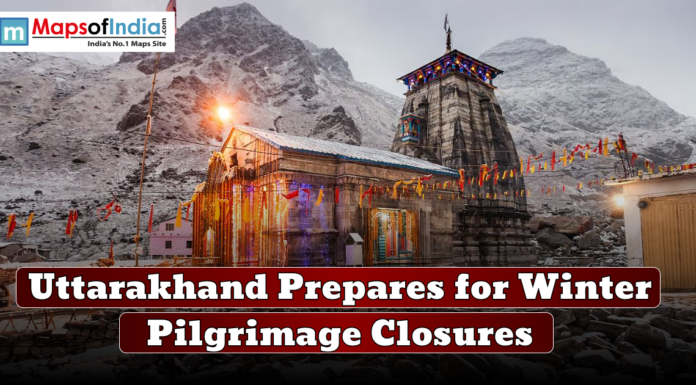Uttarakhand Prepares for Winter Pilgrimage Closures A temple with snow-covered mountains in the background, decorated with colorful flags, and the headline 'Uttarakhand Prepares for Winter Pilgrimage Closures' overlaid in bold text.