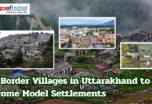 91 Border Villages in Uttarakhand to Become Model Settlements Collage showing villages in Uttarakhand with scenic mountainous surroundings, illustrating the government plan to develop 91 border villages into model settlements, with Maps of India branding.