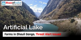 Uttarakhand: Artificial Lake Forms in Dhauli Ganga, Threat Alert Issued View of an artificial lake formed in the Dhauli Ganga river valley surrounded by steep mountain slopes, with a threat alert issued due to potential flooding risks.