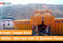 Badrinath Temple Shut for Winter, Adorned with 12 Quintals Flowers Badrinath Temple decorated with marigold flowers as devotees gather before its closure for winter, set against a backdrop of mountainous terrain.