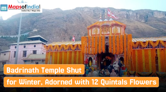 Badrinath Temple Shut for Winter, Adorned with 12 Quintals Flowers Badrinath Temple decorated with marigold flowers as devotees gather before its closure for winter, set against a backdrop of mountainous terrain.