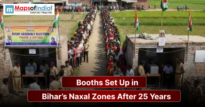 Voters stand in long queues outside polling booths in Bihar’s Naxal-affected region during the Assembly Elections, as booths are set up after 25 years under tight security.