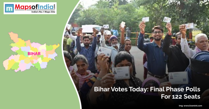Voters in Bihar stand in line showing their ID cards as they participate in the final phase of polling for 122 assembly seats during the state elections.