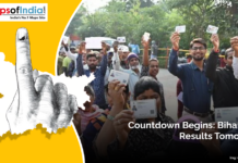 Countdown Begins: Bihar Poll Results Tomorrow Voters in Bihar show their ID cards after casting their votes, with an illustration of an inked finger and Bihar map in the background. The image includes the text “Countdown Begins: Bihar Poll Results Tomorrow” and the Maps of India logo.