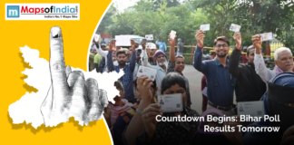 Countdown Begins: Bihar Poll Results Tomorrow Voters in Bihar show their ID cards after casting their votes, with an illustration of an inked finger and Bihar map in the background. The image includes the text “Countdown Begins: Bihar Poll Results Tomorrow” and the Maps of India logo.