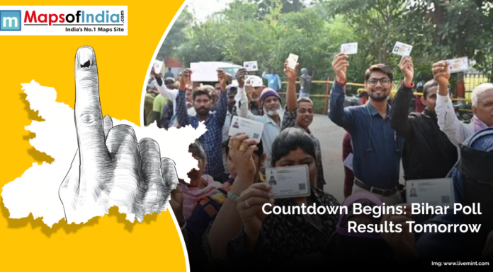 Countdown Begins: Bihar Poll Results Tomorrow Voters in Bihar show their ID cards after casting their votes, with an illustration of an inked finger and Bihar map in the background. The image includes the text “Countdown Begins: Bihar Poll Results Tomorrow” and the Maps of India logo.