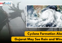 Cyclone Formation Alert; Gujarat May See Rain and Winds A satellite image of a swirling cyclone over the sea, with a background image of strong winds and rain hitting palm trees, and the text "Cyclone Formation Alert: Gujarat May See Rain and Winds."