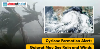 Cyclone Formation Alert; Gujarat May See Rain and Winds A satellite image of a swirling cyclone over the sea, with a background image of strong winds and rain hitting palm trees, and the text "Cyclone Formation Alert: Gujarat May See Rain and Winds."