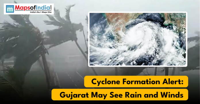 A satellite image of a swirling cyclone over the sea, with a background image of strong winds and rain hitting palm trees, and the text 