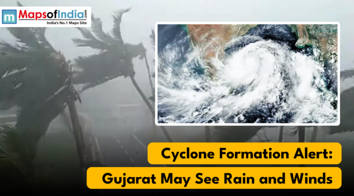 Cyclone Formation Alert; Gujarat May See Rain and Winds A satellite image of a swirling cyclone over the sea, with a background image of strong winds and rain hitting palm trees, and the text "Cyclone Formation Alert: Gujarat May See Rain and Winds."