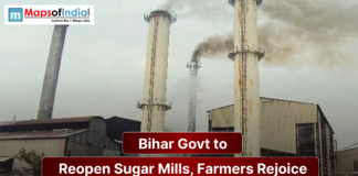 Bihar Govt to Reopen Sugar Mills, Farmers Rejoice An industrial sugar mill with tall chimneys emitting smoke, accompanied by a headline announcing that the Bihar government will reopen sugar mills, bringing relief and hope to farmers.