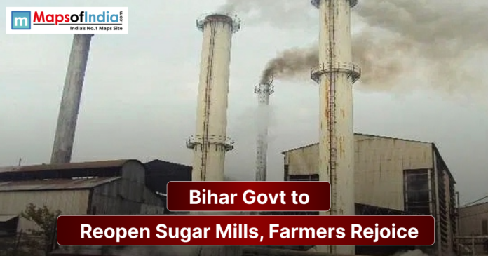 Frame 56(1) An industrial sugar mill with tall chimneys emitting smoke, accompanied by a headline announcing that the Bihar government will reopen sugar mills, bringing relief and hope to farmers.