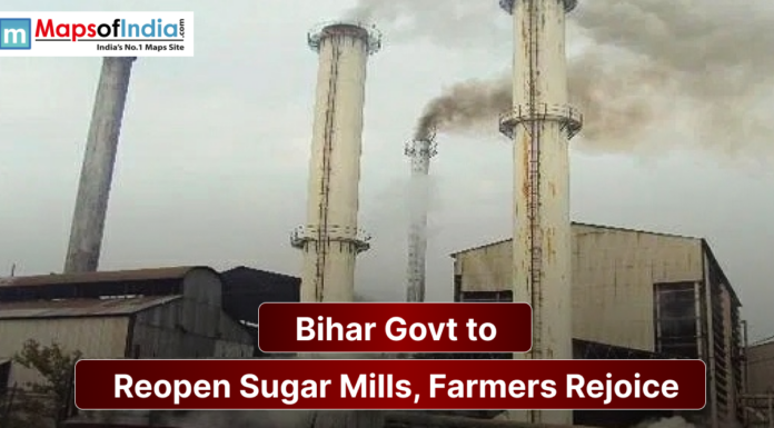 Bihar Govt to Reopen Sugar Mills, Farmers Rejoice An industrial sugar mill with tall chimneys emitting smoke, accompanied by a headline announcing that the Bihar government will reopen sugar mills, bringing relief and hope to farmers.