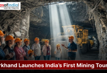 Jharkhand Launches India’s First Mining Tourism A tour guide explains mining operations to a group of visitors wearing safety helmets inside an underground mine in Jharkhand, showcasing India’s first mining tourism initiative.
