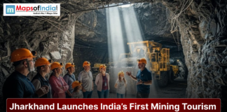 Jharkhand Launches India’s First Mining Tourism A tour guide explains mining operations to a group of visitors wearing safety helmets inside an underground mine in Jharkhand, showcasing India’s first mining tourism initiative.