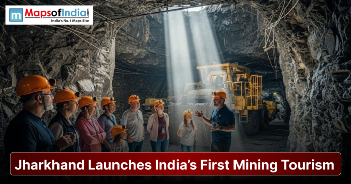 Jharkhand Launches India’s First Mining Tourism A tour guide explains mining operations to a group of visitors wearing safety helmets inside an underground mine in Jharkhand, showcasing India’s first mining tourism initiative.