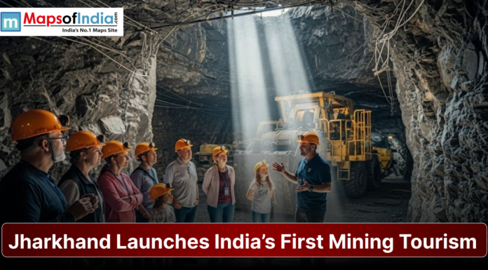 Jharkhand Launches India’s First Mining Tourism A tour guide explains mining operations to a group of visitors wearing safety helmets inside an underground mine in Jharkhand, showcasing India’s first mining tourism initiative.