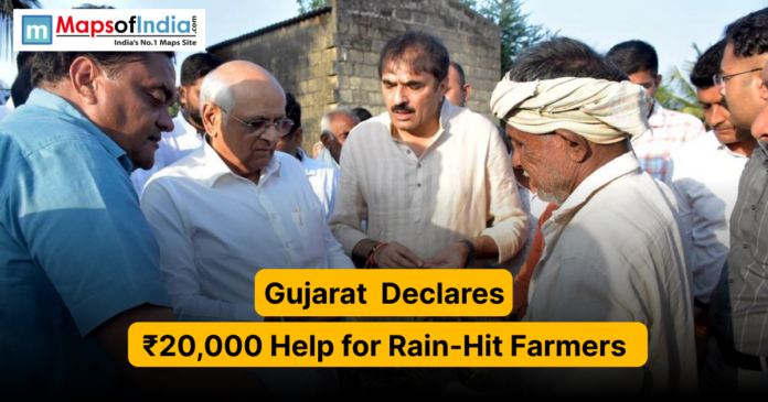 Gujarat officials meet with farmers to announce a ₹20,000 relief package for those affected by heavy rains, as part of the state government’s special assistance plan.