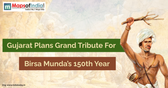 Gujarat Plans Grand Tribute for Birsa Munda’s 150th Year Illustration of tribal leader Birsa Munda holding a traditional weapon, with text announcing Gujarat’s plans for a grand tribute on his 150th birth anniversary.