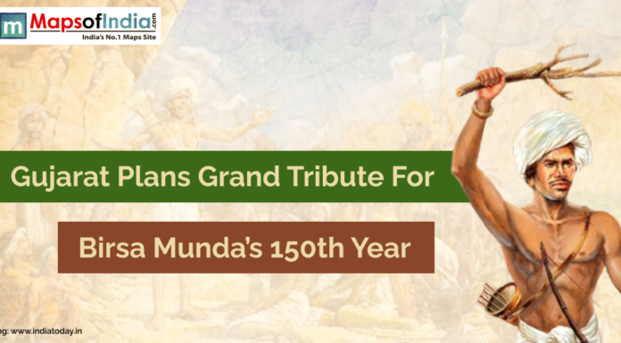Gujarat Plans Grand Tribute for Birsa Munda’s 150th Year Illustration of tribal leader Birsa Munda holding a traditional weapon, with text announcing Gujarat’s plans for a grand tribute on his 150th birth anniversary.