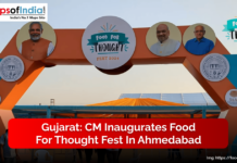 Gujarat: CM Inaugurates Food for Thought Fest in Ahmedabad A decorative entrance arch for the Food For Thought Fest 2024 in Ahmedabad with Gujarat CM and officials pictured, and a banner announcing the event inauguration.