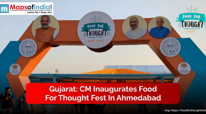 Gujarat: CM Inaugurates Food for Thought Fest in Ahmedabad A decorative entrance arch for the Food For Thought Fest 2024 in Ahmedabad with Gujarat CM and officials pictured, and a banner announcing the event inauguration.