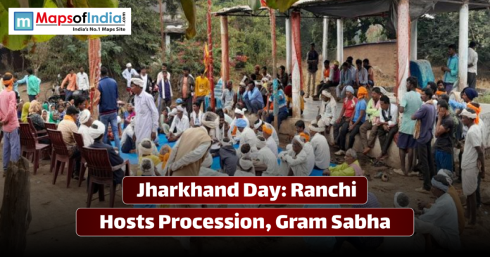 People gathered in Ranchi to celebrate Jharkhand Day, participating in a Gram Sabha meeting and cultural procession, highlighting local traditions and community spirit.