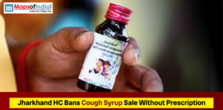 Jharkhand HC Bans Cough Syrup Sale Without Prescription A close-up of a person holding a small cough syrup bottle, accompanied by a headline stating that the Jharkhand High Court has banned the sale of cough syrup without a prescription.