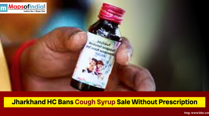 Jharkhand HC Bans Cough Syrup Sale Without Prescription A close-up of a person holding a small cough syrup bottle, accompanied by a headline stating that the Jharkhand High Court has banned the sale of cough syrup without a prescription.