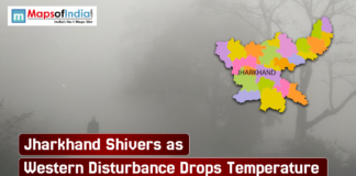 Jharkhand Shivers as Western Disturbance Drops Temperature Foggy winter scene with a colored map of Jharkhand overlayed, accompanied by a headline reporting that temperatures have dropped due to a western disturbance.