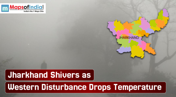 Jharkhand Shivers as Western Disturbance Drops Temperature Foggy winter scene with a colored map of Jharkhand overlayed, accompanied by a headline reporting that temperatures have dropped due to a western disturbance.