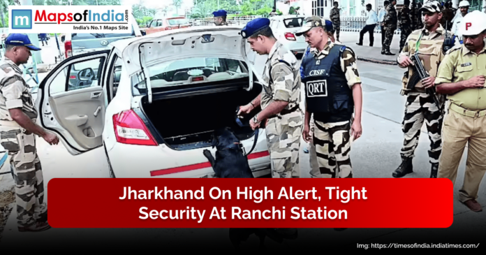 Security personnel conduct thorough vehicle checks with sniffer dogs at Ranchi railway station as part of heightened security measures amid a high alert in Jharkhand.