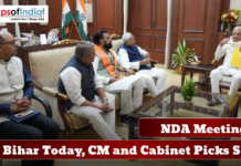 NDA Meeting in Bihar Today, CM and Cabinet Picks Soon A group of political leaders seated in a meeting room discussing government matters, with Indian flags in the background and text reading “NDA Meeting in Bihar Today, CM and Cabinet Picks Soon.”