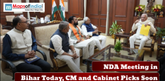 NDA Meeting in Bihar Today, CM and Cabinet Picks Soon A group of political leaders seated in a meeting room discussing government matters, with Indian flags in the background and text reading “NDA Meeting in Bihar Today, CM and Cabinet Picks Soon.”