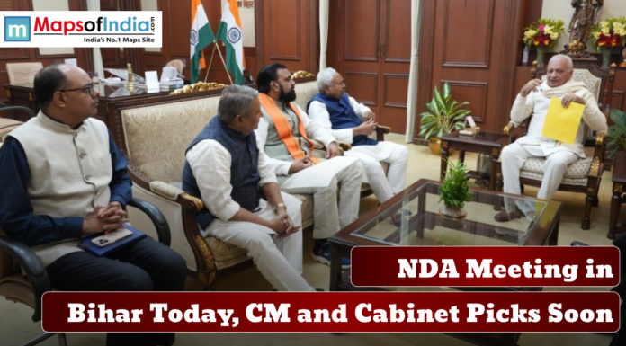 NDA Meeting in Bihar Today, CM and Cabinet Picks Soon A group of political leaders seated in a meeting room discussing government matters, with Indian flags in the background and text reading “NDA Meeting in Bihar Today, CM and Cabinet Picks Soon.”