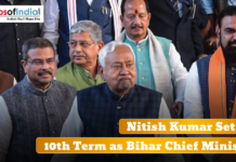 Nitish Kumar Set for 10th Term as Bihar Chief Minister Group of politicians standing together with text announcing Nitish Kumar's 10th term as Bihar Chief Minister.