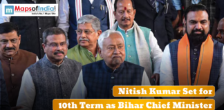 Nitish Kumar Set for 10th Term as Bihar Chief Minister Group of politicians standing together with text announcing Nitish Kumar's 10th term as Bihar Chief Minister.