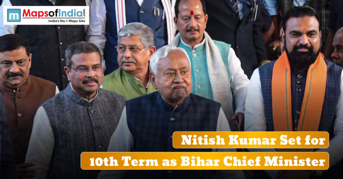 Group of politicians standing together with text announcing Nitish Kumar's 10th term as Bihar Chief Minister.