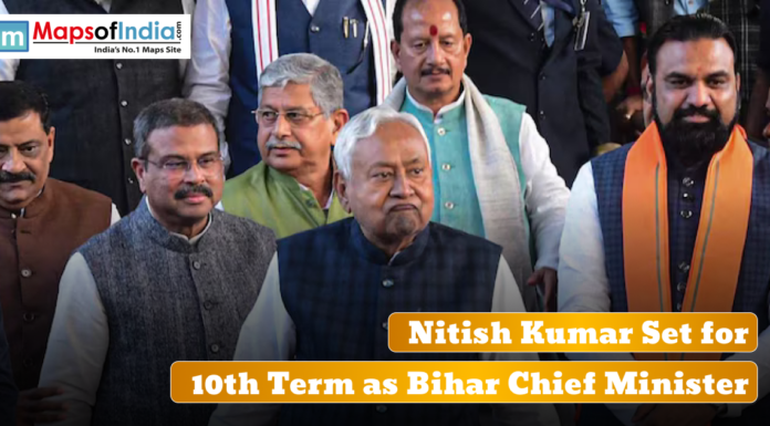 Nitish Kumar Set for 10th Term as Bihar Chief Minister Group of politicians standing together with text announcing Nitish Kumar's 10th term as Bihar Chief Minister.