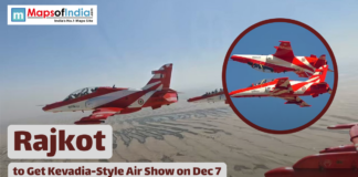 Rajkot to Get Kevadia-Style Air Show on Dec 7 Indian Air Force jets performing an air show in the sky, with text stating “Rajkot to Get Kevadia-Style Air Show on Dec 7,” along with the Maps of India logo.