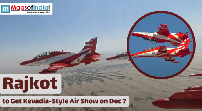 Rajkot to Get Kevadia-Style Air Show on Dec 7 Indian Air Force jets performing an air show in the sky, with text stating “Rajkot to Get Kevadia-Style Air Show on Dec 7,” along with the Maps of India logo.