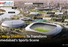 Six Mega Stadiums to Transform Ahmedabad’s Sports Scene An aerial illustration of Ahmedabad’s upcoming sports infrastructure featuring six mega stadiums, including cricket, football, tennis, aquatics, and multipurpose arenas, highlighting their capacities and layout across the city.