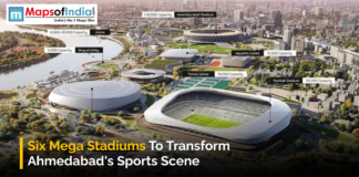Six Mega Stadiums to Transform Ahmedabad’s Sports Scene An aerial illustration of Ahmedabad’s upcoming sports infrastructure featuring six mega stadiums, including cricket, football, tennis, aquatics, and multipurpose arenas, highlighting their capacities and layout across the city.