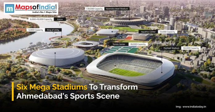 Six Mega Stadiums to Transform Ahmedabads Sports Scene An aerial illustration of Ahmedabad’s upcoming sports infrastructure featuring six mega stadiums, including cricket, football, tennis, aquatics, and multipurpose arenas, highlighting their capacities and layout across the city.