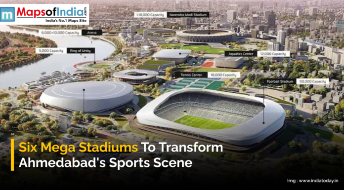 Six Mega Stadiums to Transform Ahmedabad’s Sports Scene An aerial illustration of Ahmedabad’s upcoming sports infrastructure featuring six mega stadiums, including cricket, football, tennis, aquatics, and multipurpose arenas, highlighting their capacities and layout across the city.